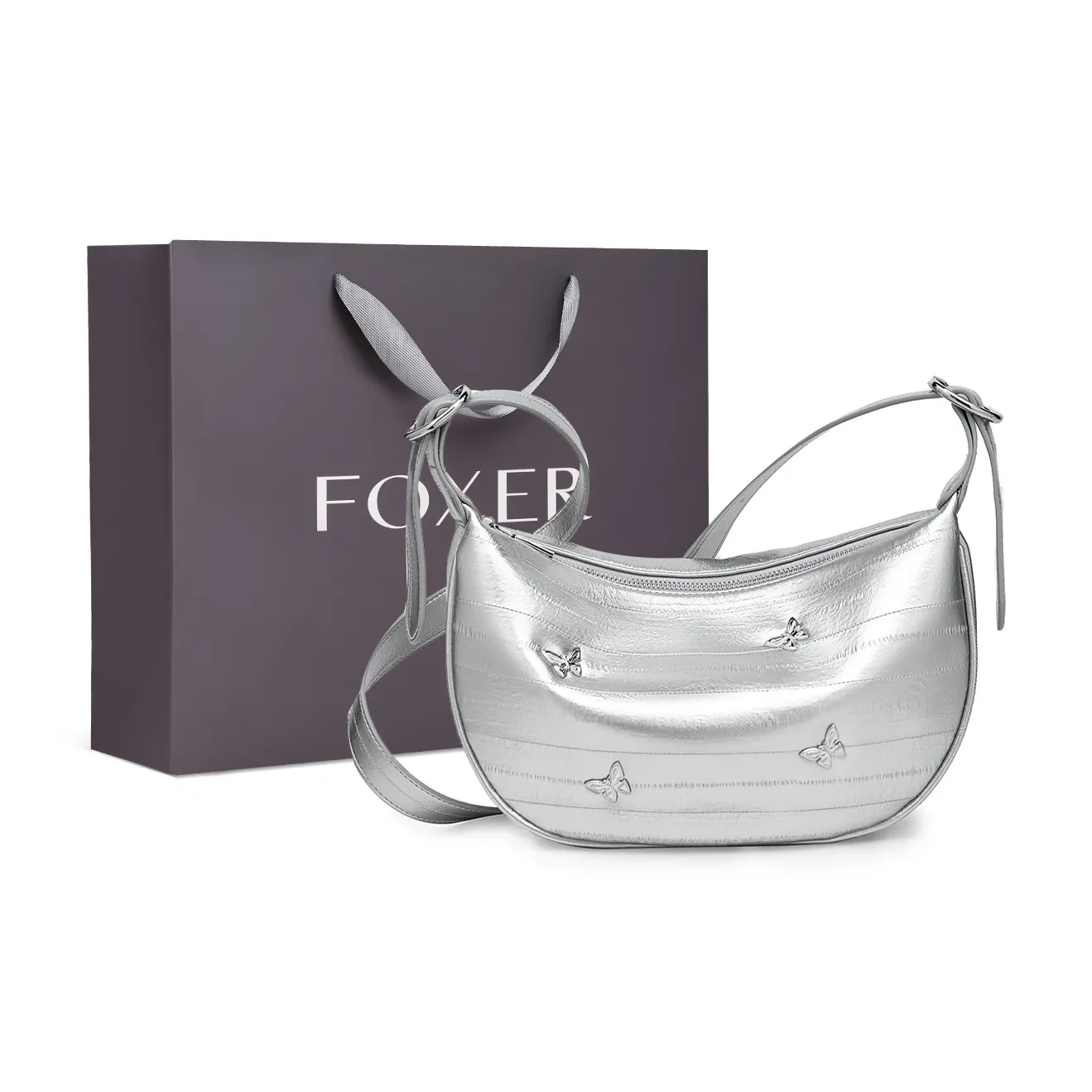 FOXER Коровья кожа Одно плечо Zippers Через плечо Круассан Сумка Сумка на плечо Обычный Women's Silver Черный