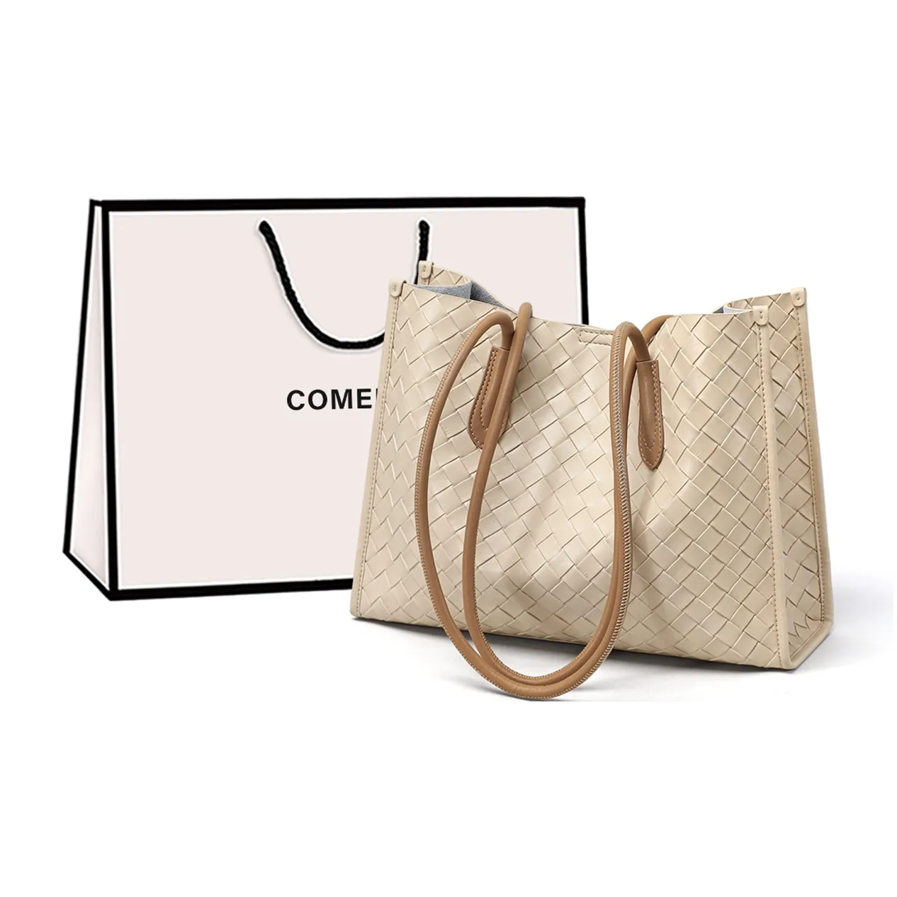 COMELY Synthetic Leather Tote Bag, Shopping Bag, Handbag, Shoulder Bag Regular Medium Size Women's Beige Apricot