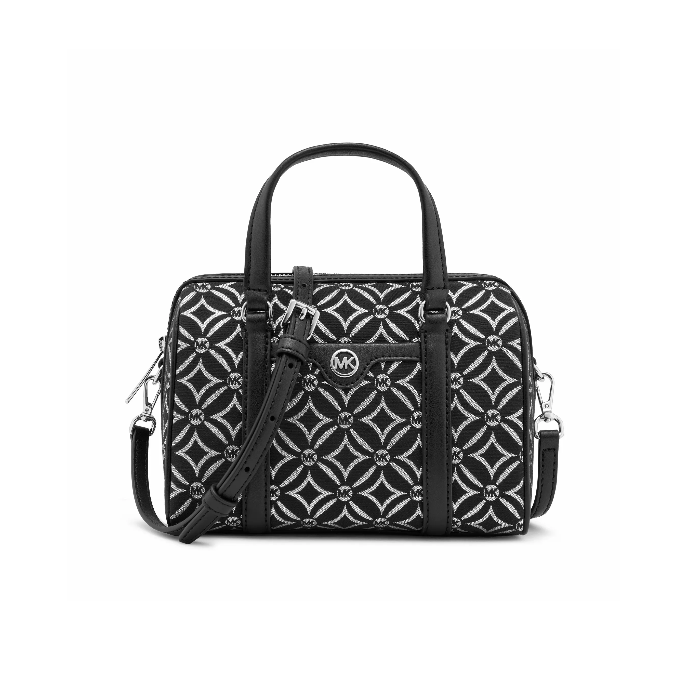 MICHAEL KORS Travel Fabric+Artificial Leather Boston Bag, Crossbody Bag, Handbag Trumpets Women's Black & Silver Gray