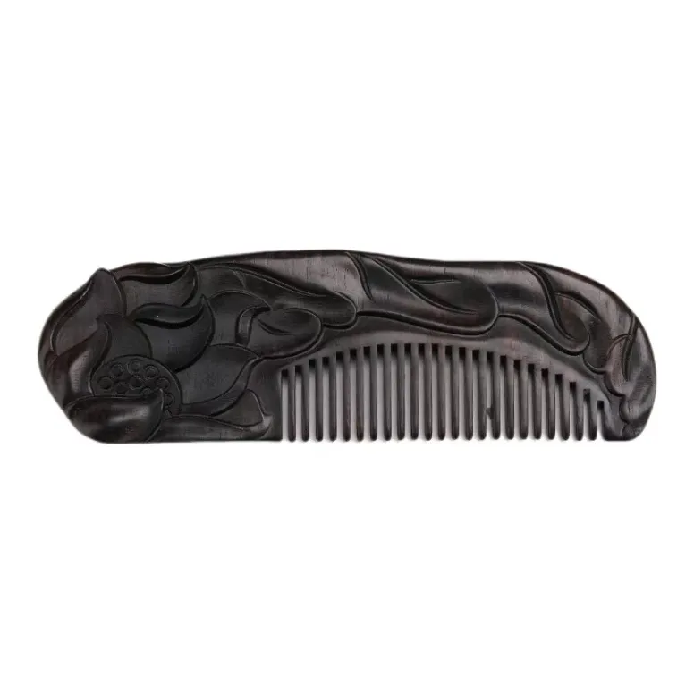 XIBI Lotus Carved Ebony Handcrafted Sandalwood Comb Hairdressing Tools Massage Scalp Hair Growth