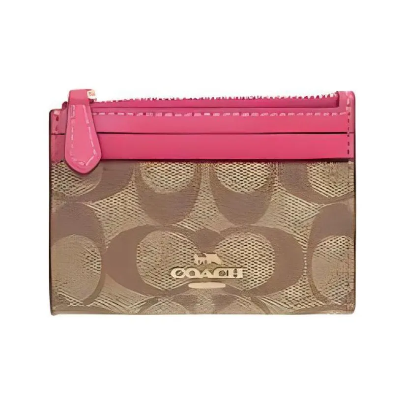 COACH Mini Id Skinny Leather Card Holder Mini Women's Khaki Monogram Color & Bright Pink