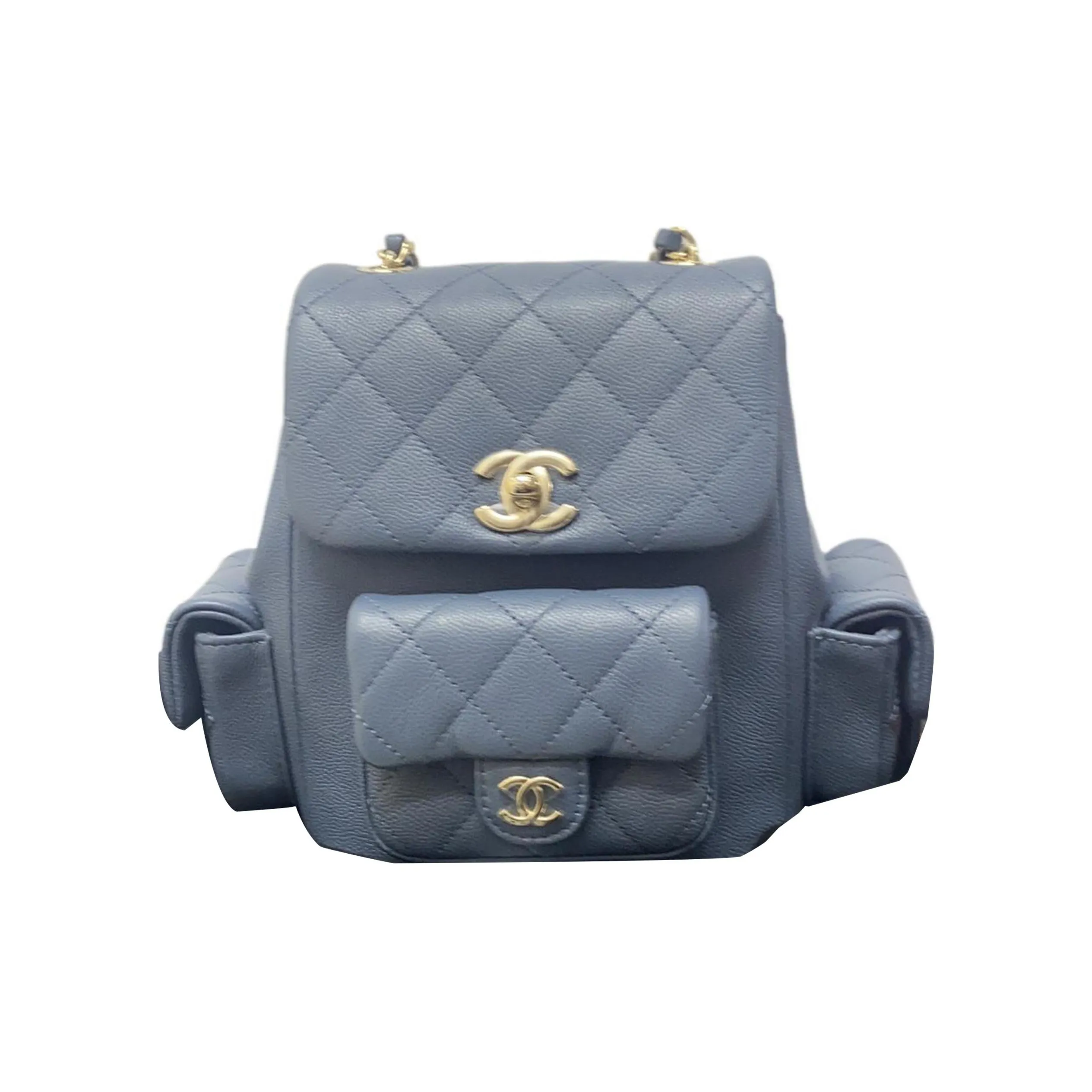 CHANEL Duma Grain Embossed Shiny Calfskin Backpack Trumpets Women's Gray Blue
