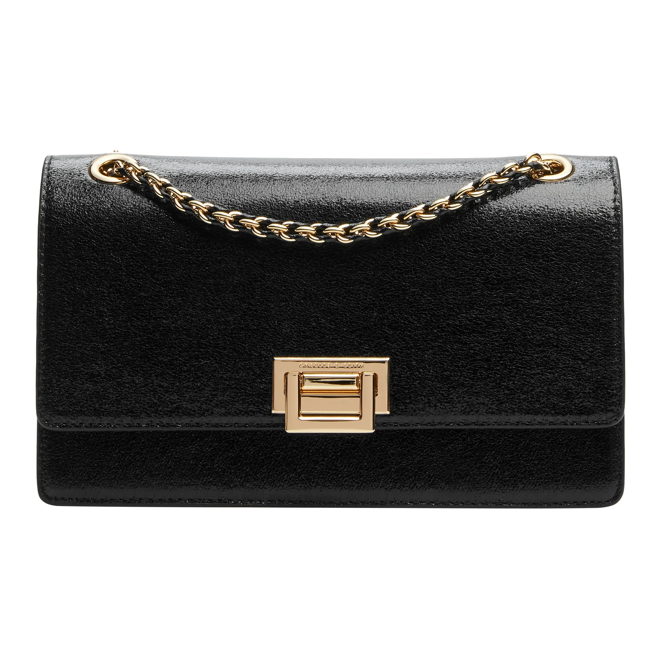 CHARLES&KEITH Synthetic Leather King Pack Crossbody Bag Medium Size Women's Black/Gold