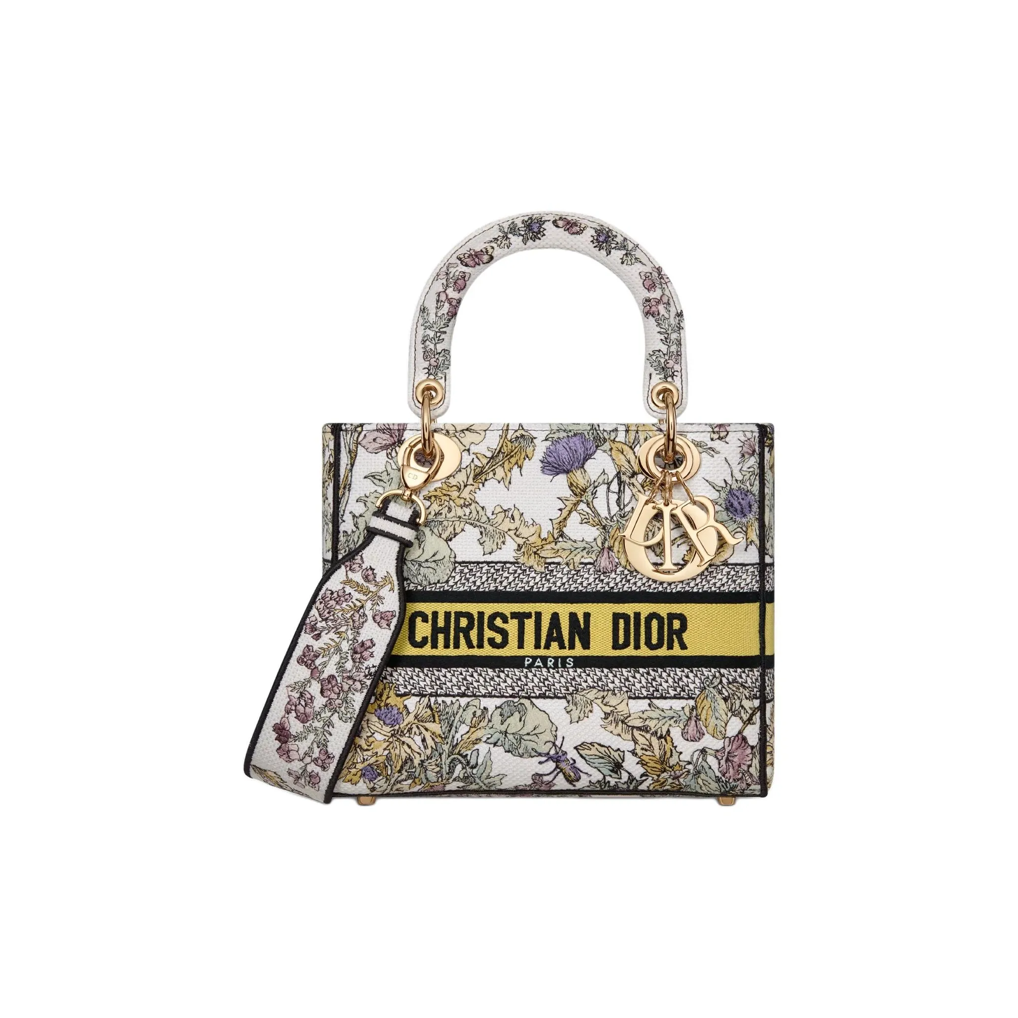 DIOR Fabric Lady Dior Bag, Tote Bag, Shopping Bag, Shoulder Bag, Handbag Medium Size Women's Milk White & Yellow