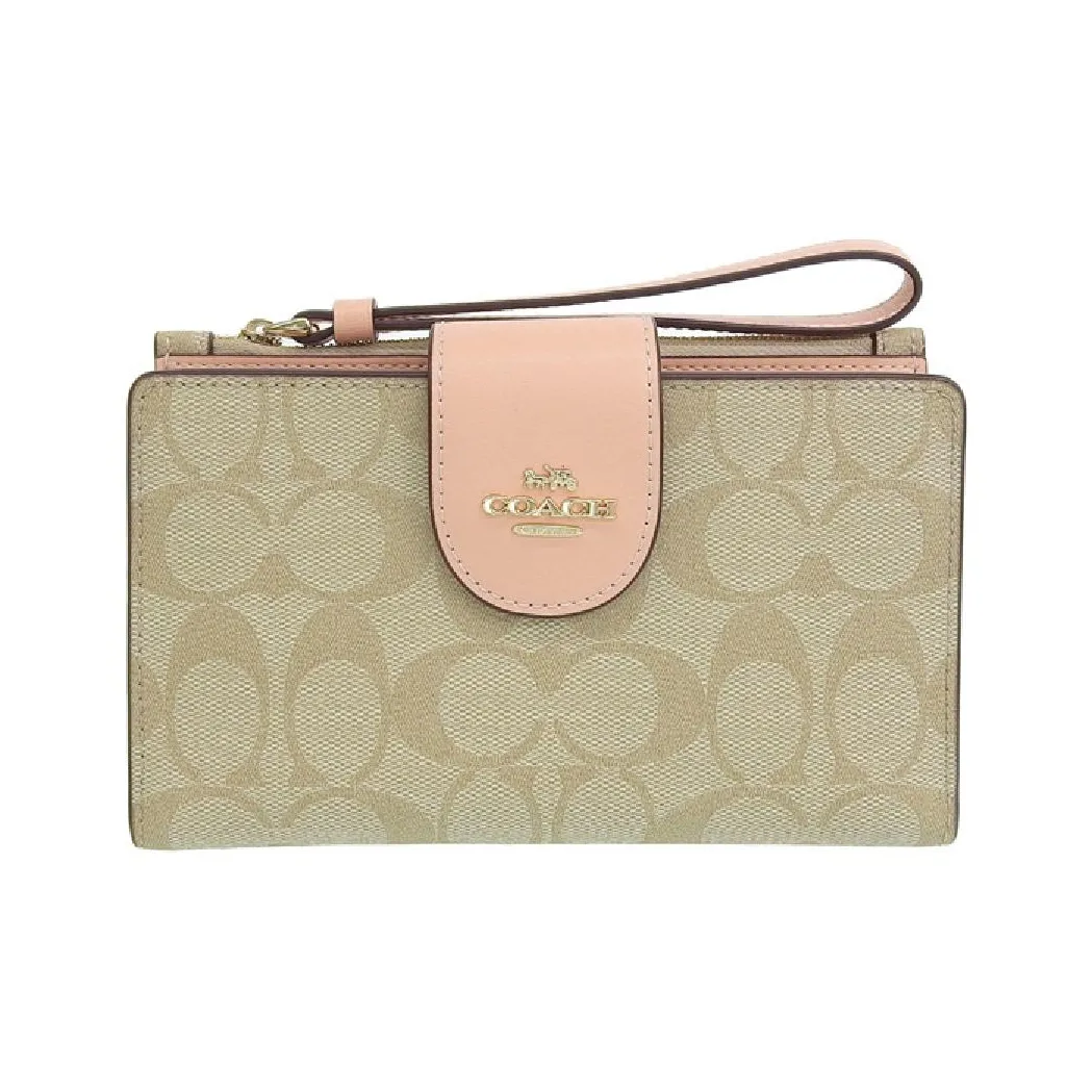 COACH Tech Wallet Canvas With Leather Clutches Wallets Women's Dark Brown Monogram & Nude Pink