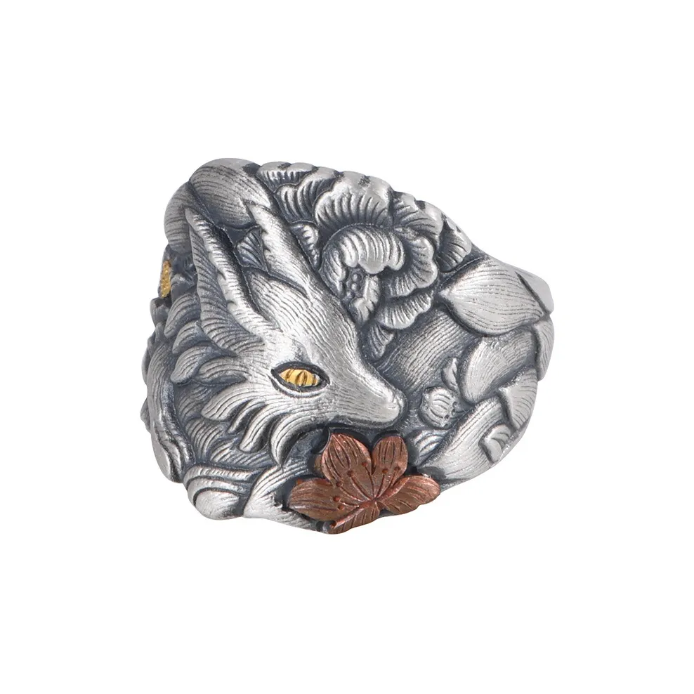 JINLUWANG Loose Fit Handmade Gold-Plated Nine-Tailed Fox Adjustable Ring Women's