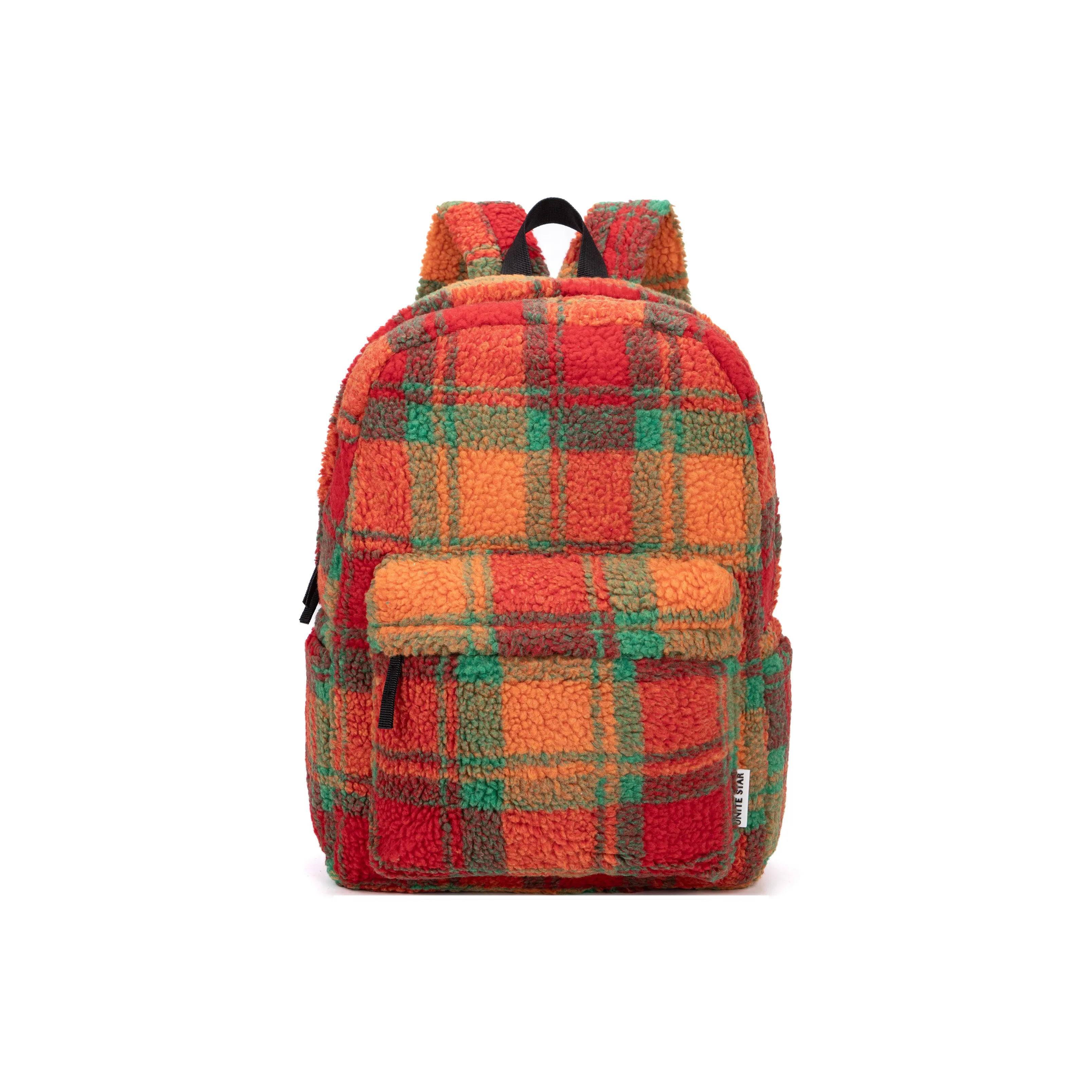 UNITE STAR Sherpa High End Christmas Atmosphere Backpack Unisex Orange Red Plaid Multicolor