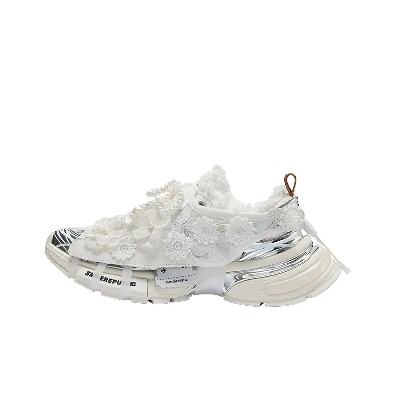 SMILEREPUBLIC Anti-Slip Wear-Resistant Low-Top Chunky Sneakers Unisex Silver White