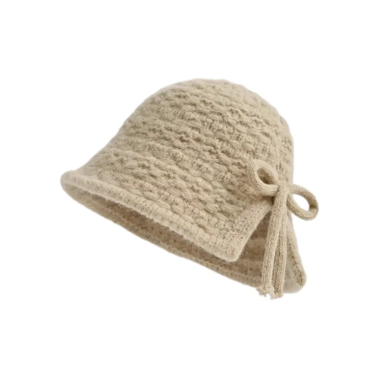 FREE RABBITⅡ Fashion Bowknot Versatile Beanie Vintage Rear Split Knitted Fabric Bucket Hat Women's