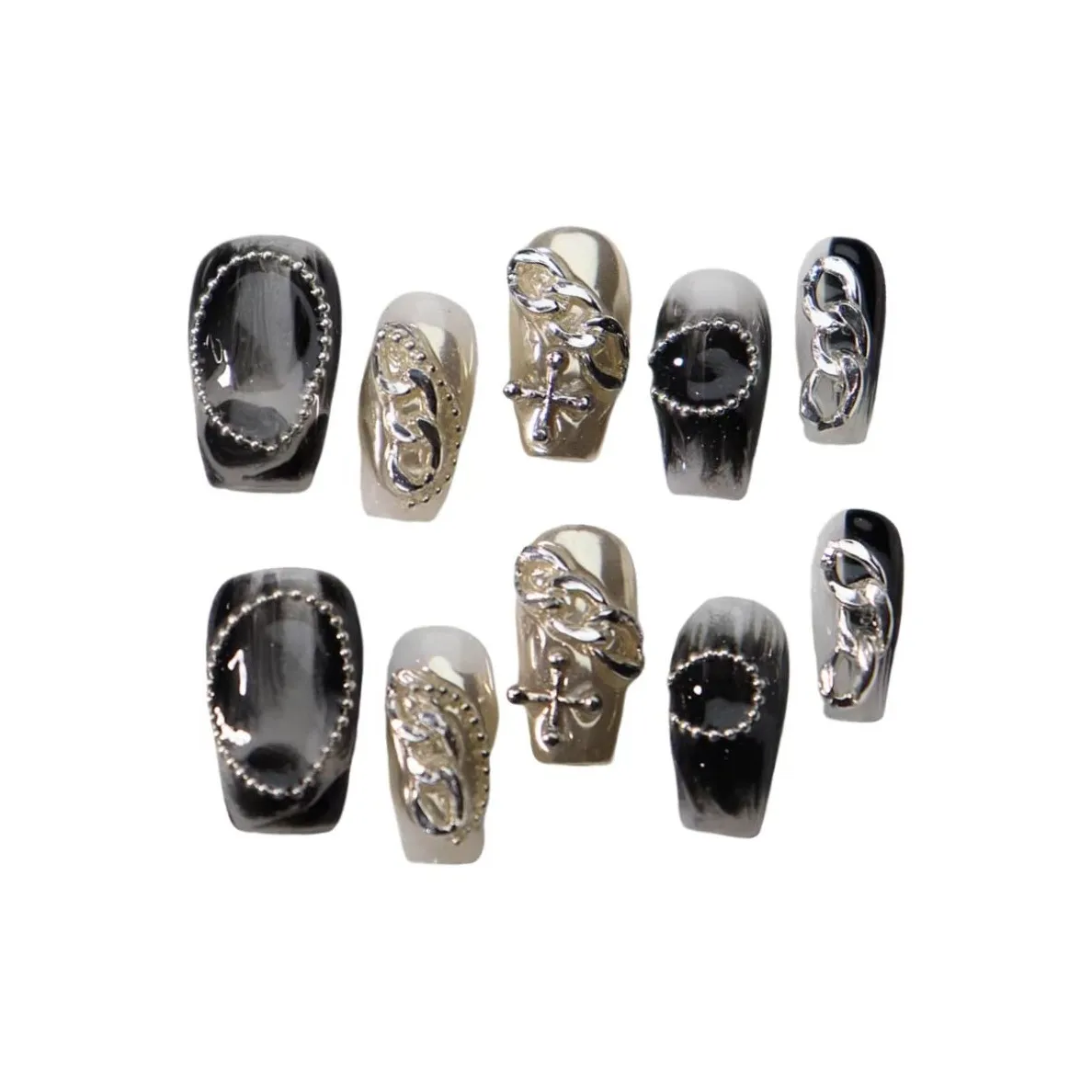 XIBI Премиум Текстурированный Белый Китайский стиль Смешанный Градиент Металл Цепочка Роскошь LOOK False Nail Короткий LADDER 14mm