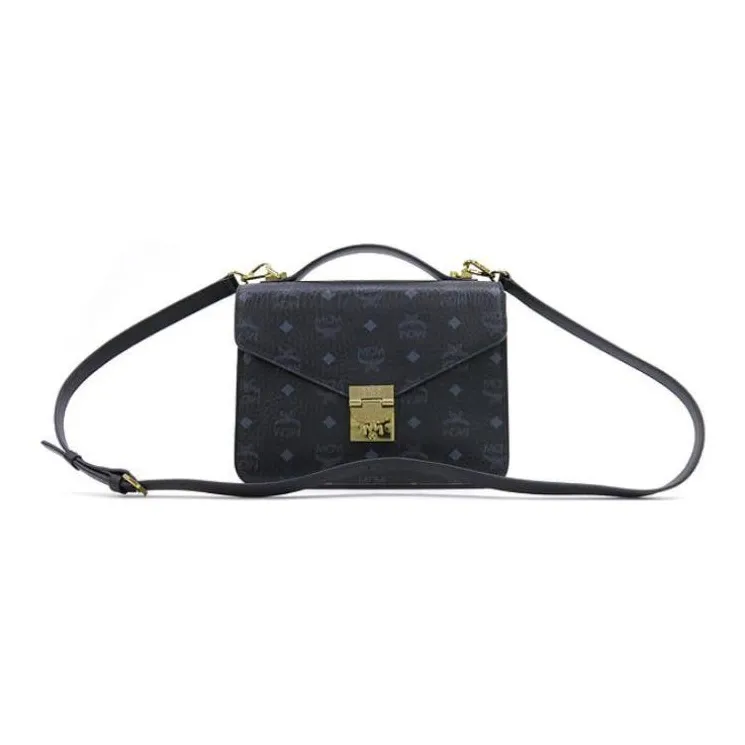 MCM Patricia Visetos Coated Canvas With Leather Handbag, Shoulder Bag, Crossbody Bag Medium Size Women's Black