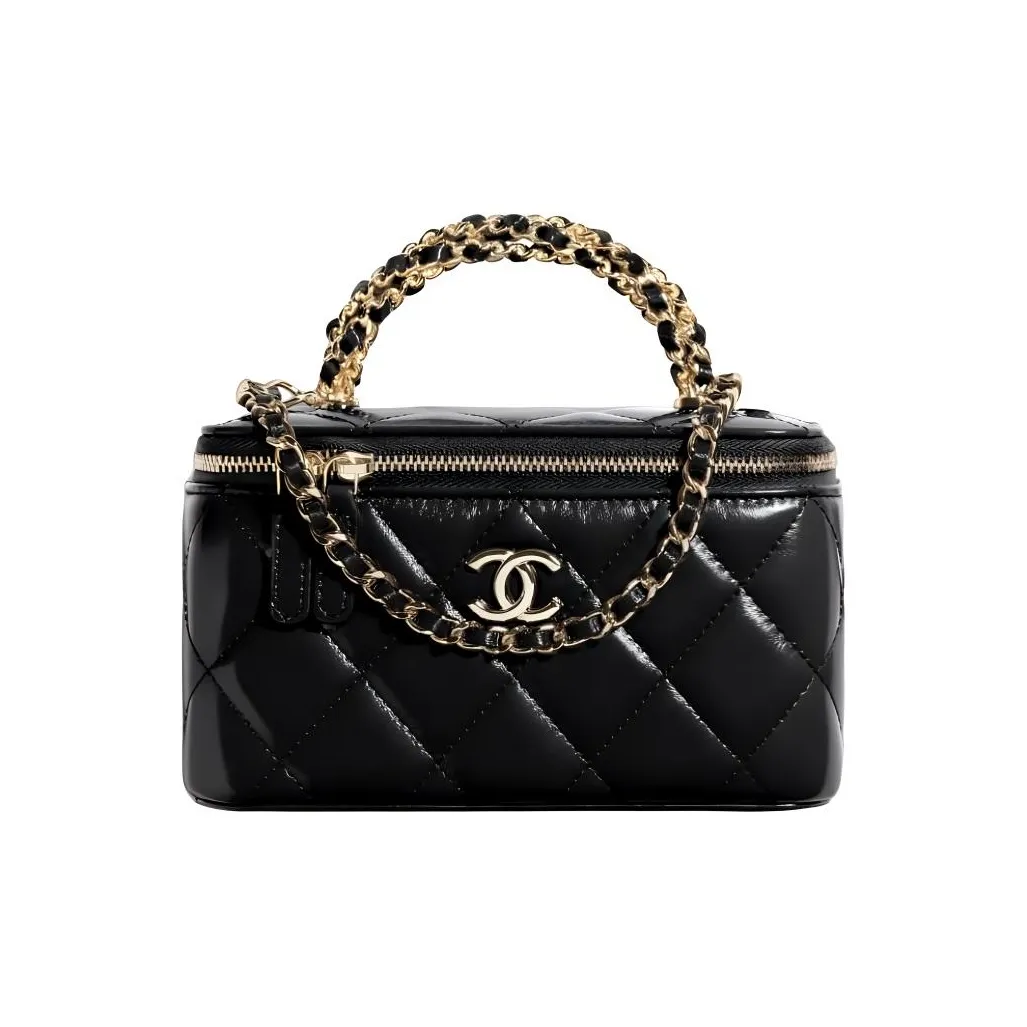 CHANEL Shiny Lambskin Makeup Bag Box Bag Handbag Women's Black