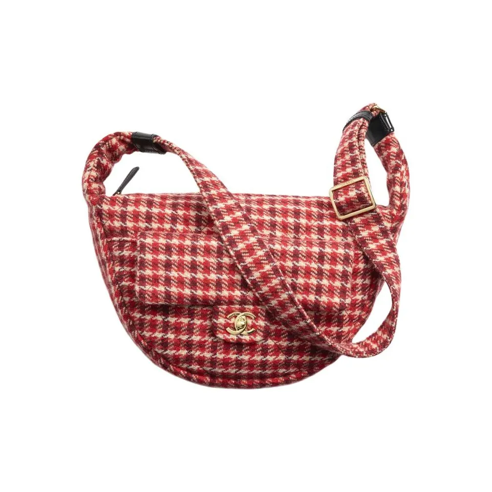 CHANEL Wool Plaid Calfskin Hobo Bag Handbag Shoulder Bag Large Size Women's Red & White & Beige & Dark Brown