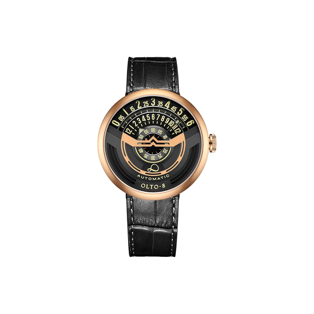 OLTO 8 UFO Series Wrist Watch Automatic Mechanical Movement Genuine Leather Strap Black Dial Men's Watches