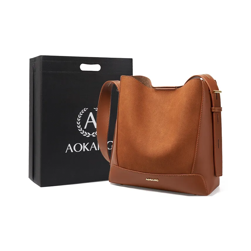 AOKANG Матовый Корова Кожа Ведрообразная Сумка Плечевая Сумка Средняя Женская Карамельный Коричневый Сумеречный Серый Какао Коричневый