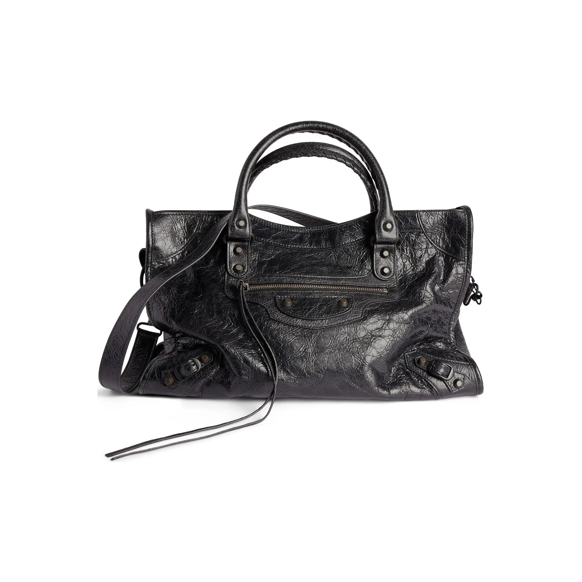 Balenciaga Le City Medium Bag In Black Arena Storico Lambskin Brass Hardware Black