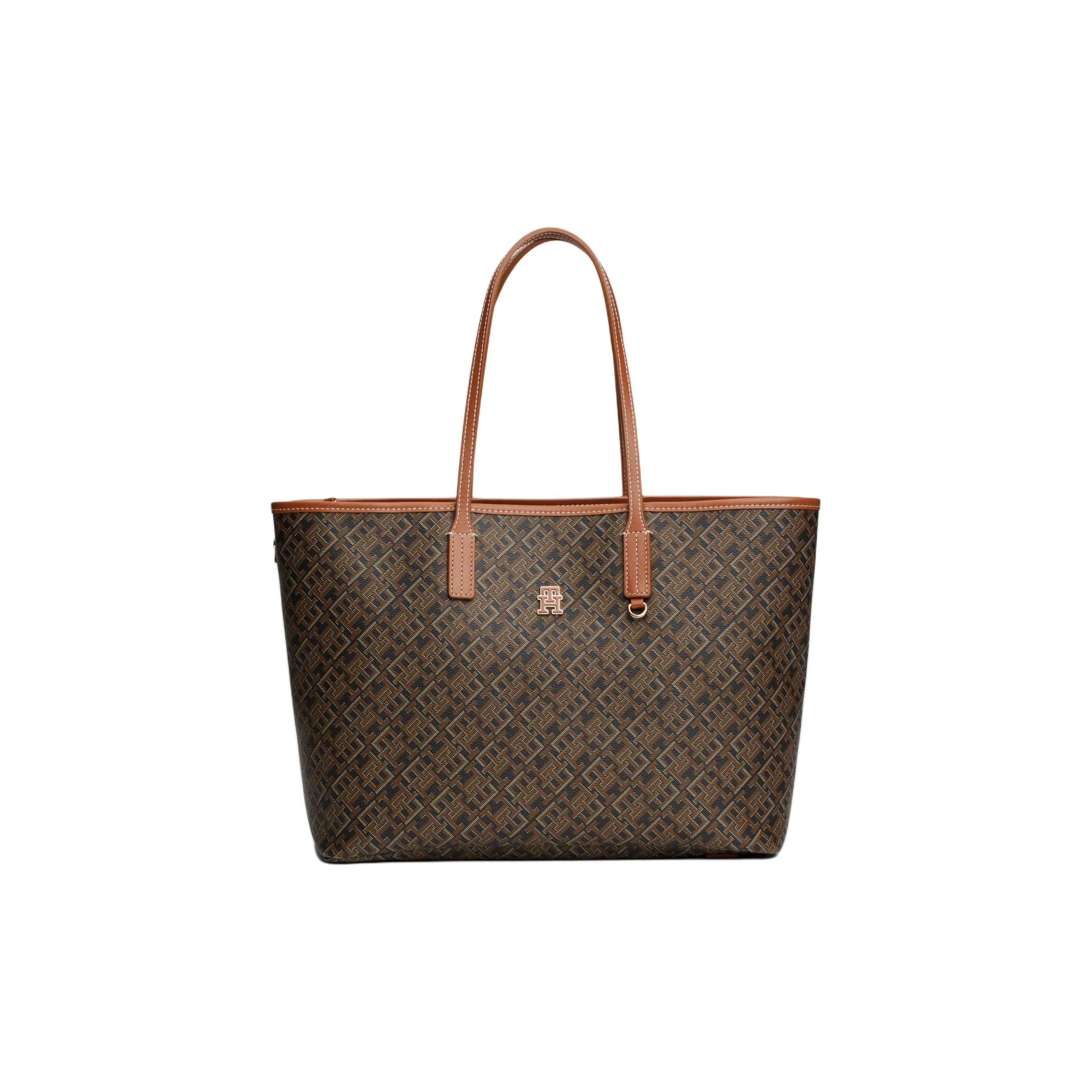 Tommy Hilfiger Polyurethane Tote Bag, Shopping Bag, Shoulder Bag, Handbag Regular Women's Black & Tan