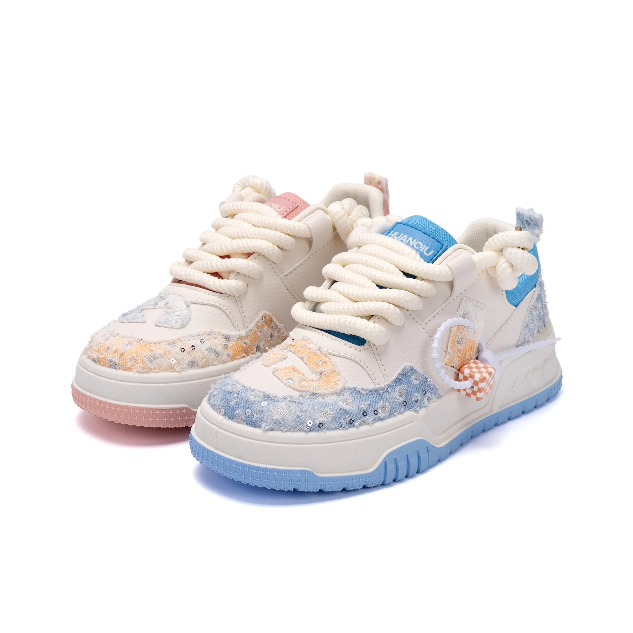 HUANQIU Height Increasing Slip Resistant Low Top Skateboard Shoes Women's Pink Blue Mismatched