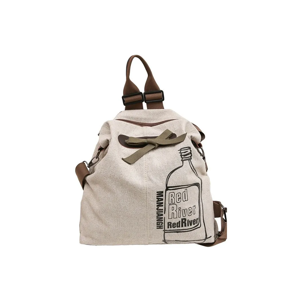 Boniu Cotton Linen Fabric With Crazy Horse Leather Shoulder Bag Backpack Regular Unisex Ecru Wine Bottle