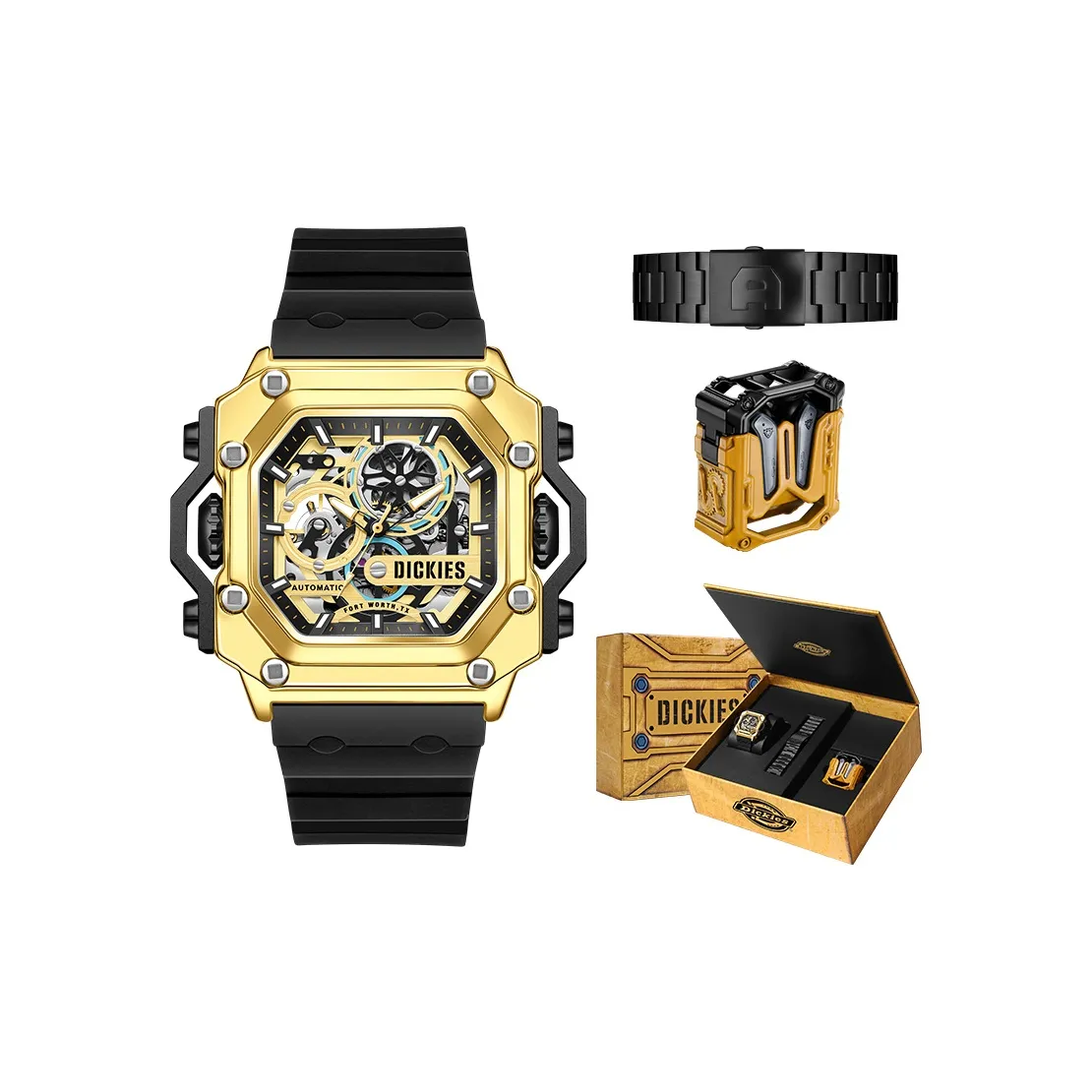 Dickies Wrist Watch Mechanical Movement Silicone Strap Cut Out Dial Men's Watches Classic Festival Box With Gift