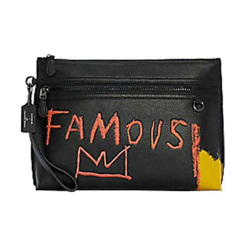 COACH Basquiat Collaboration Pouch Leather Wrist Clutches Large Size Men's Black