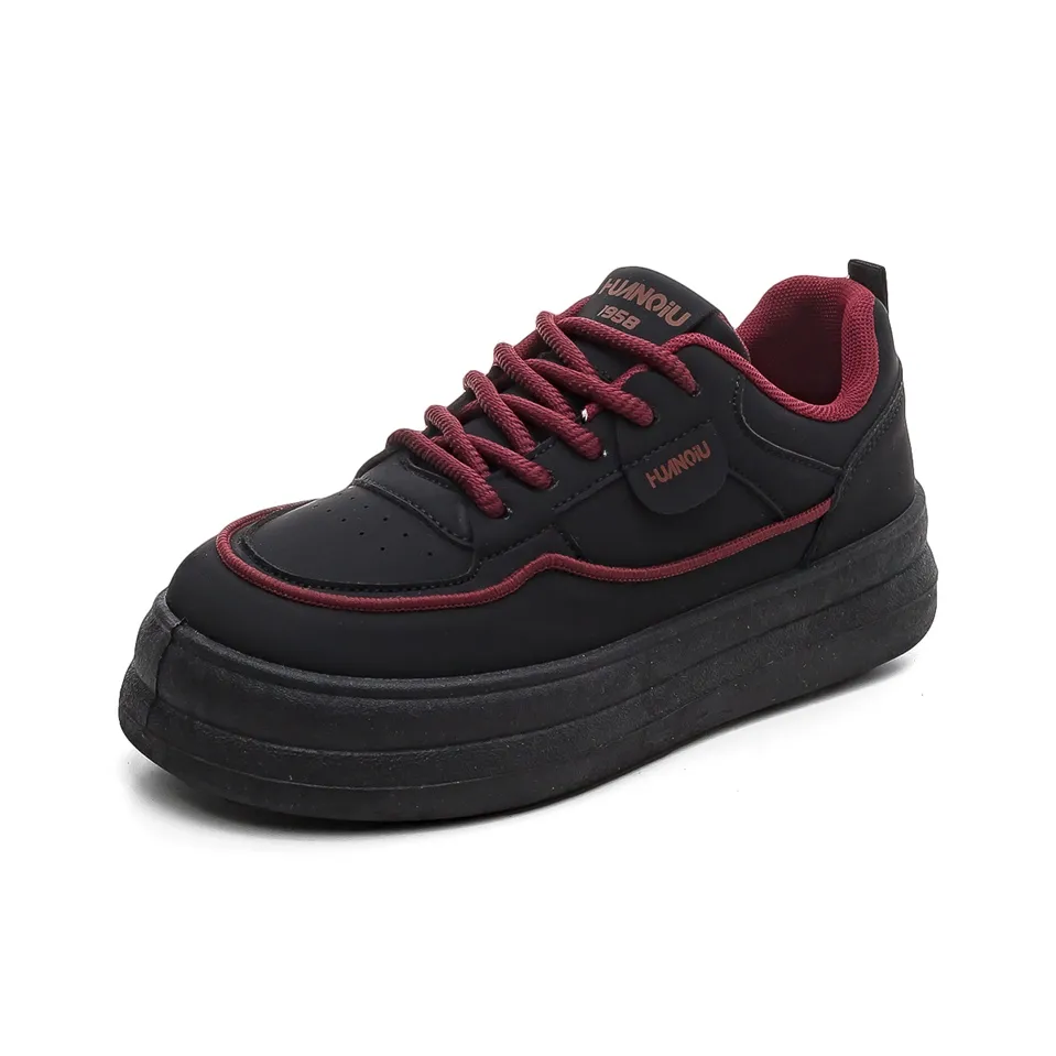 HUANQIU Slip-resistant Lightweight And Breathable Low-Top Skateboarding Shoes Women's Black Red HUANQIU Противоскользящие Легкие И Дышащие Низкие Кроссовки для Скейтбординга Женские Черные Красные