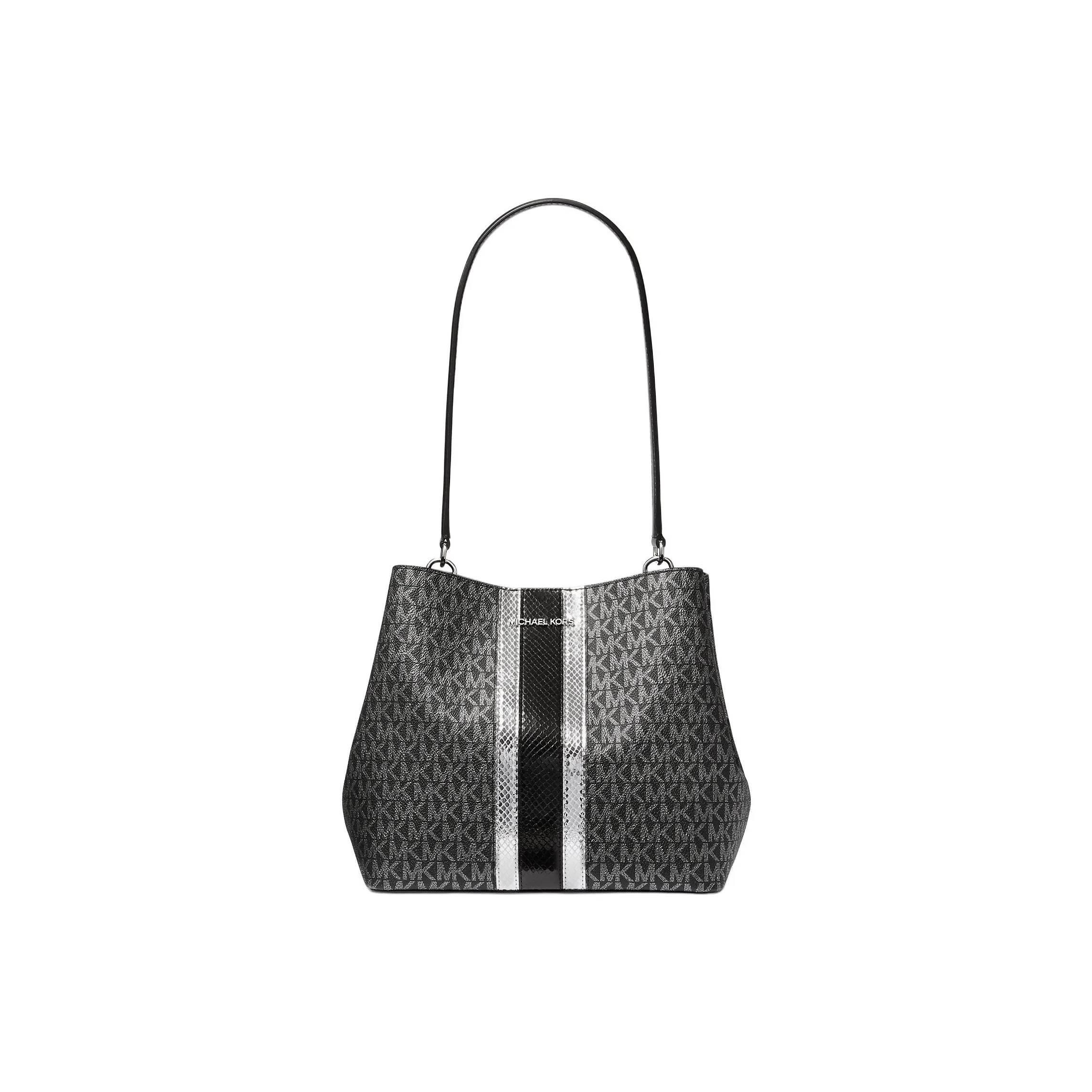 MICHAEL KORS Pratt Coated Canvas Handbag, Shoulder Bag Medium Size Women's Black & Silver