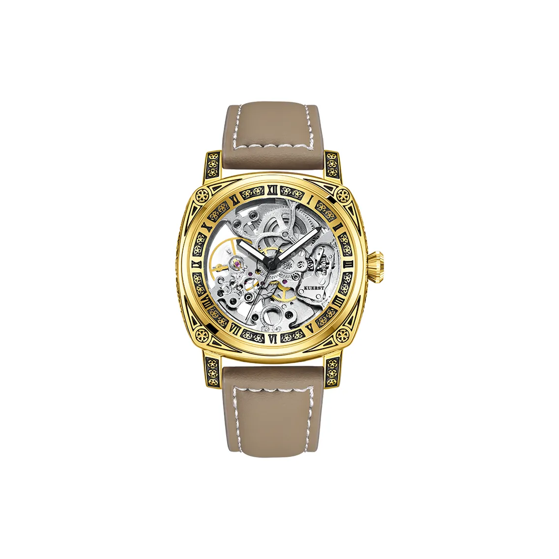 KUERST Автоматический Механический Механизм Коровья Кожа Ремешок Часы Мужские Белый Циферблат
