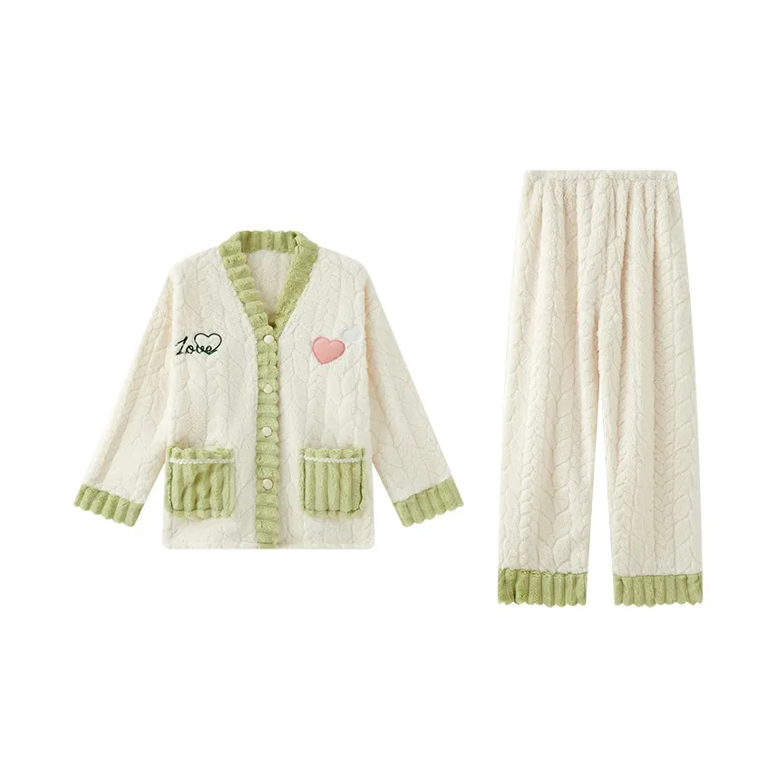 Сон Студенты Квартира Домашний Верхняя одежда Готовый Комплект пижам Женские Зеленый