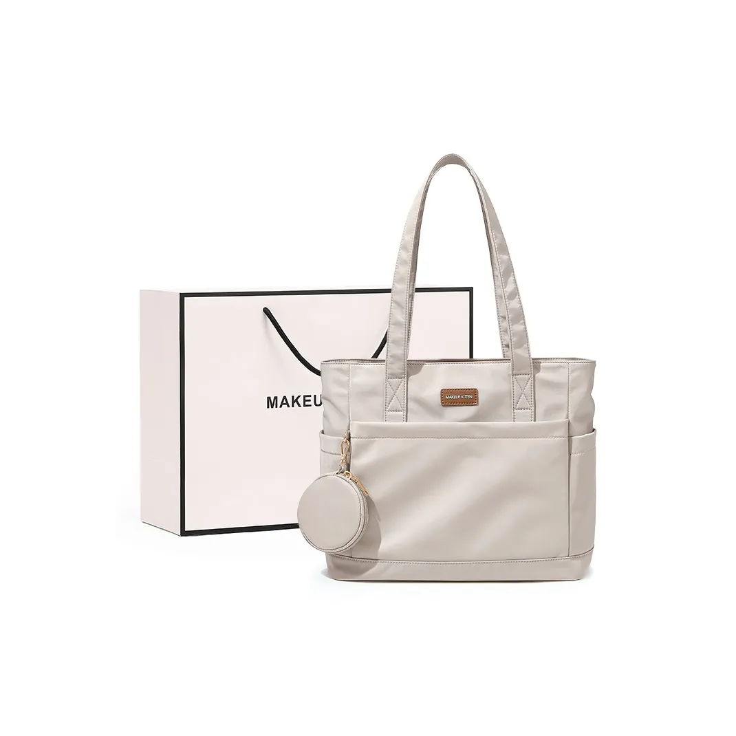 MAKEUP KITTEN Nylon Fabric Synthetic Leather Tote Bag Shopping Bag Handbag Shoulder Bags Girls Women's Khaki/Black