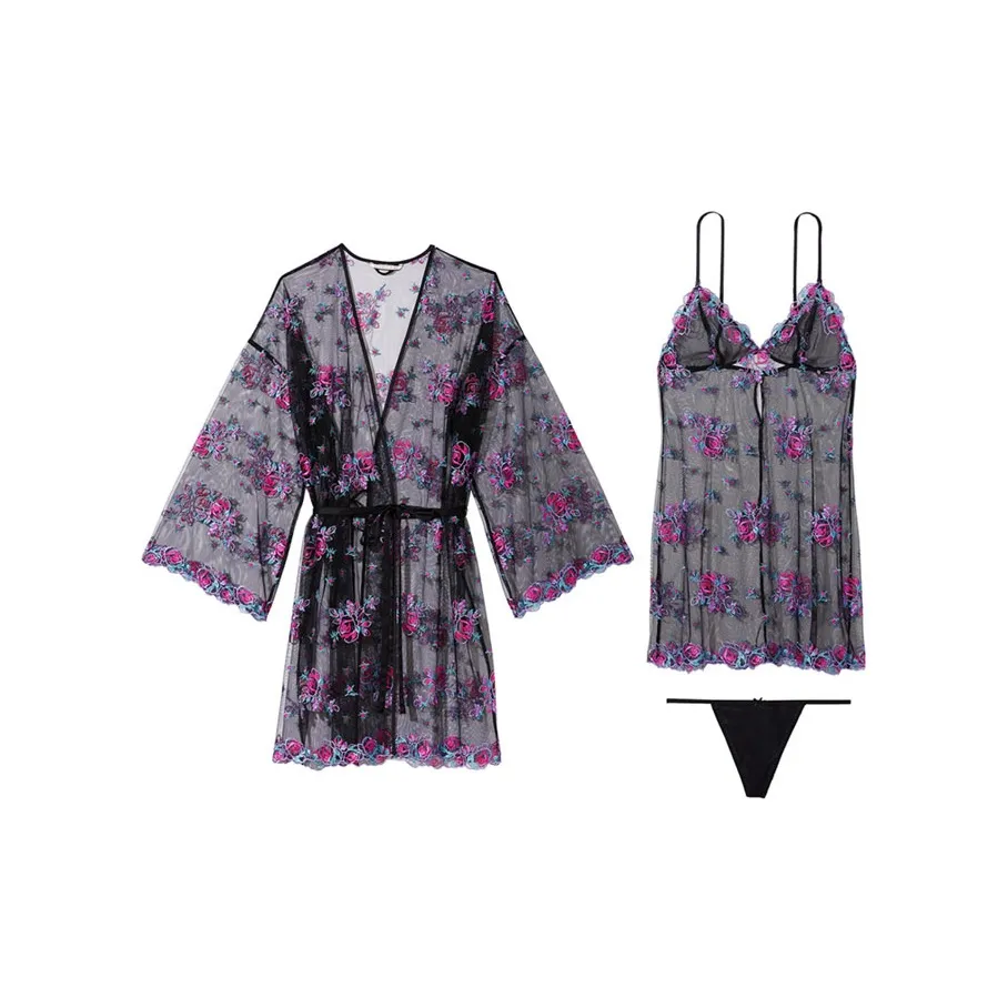 Victoria's Secret Pajama Комплект Женский Черный Цветок Вышивка