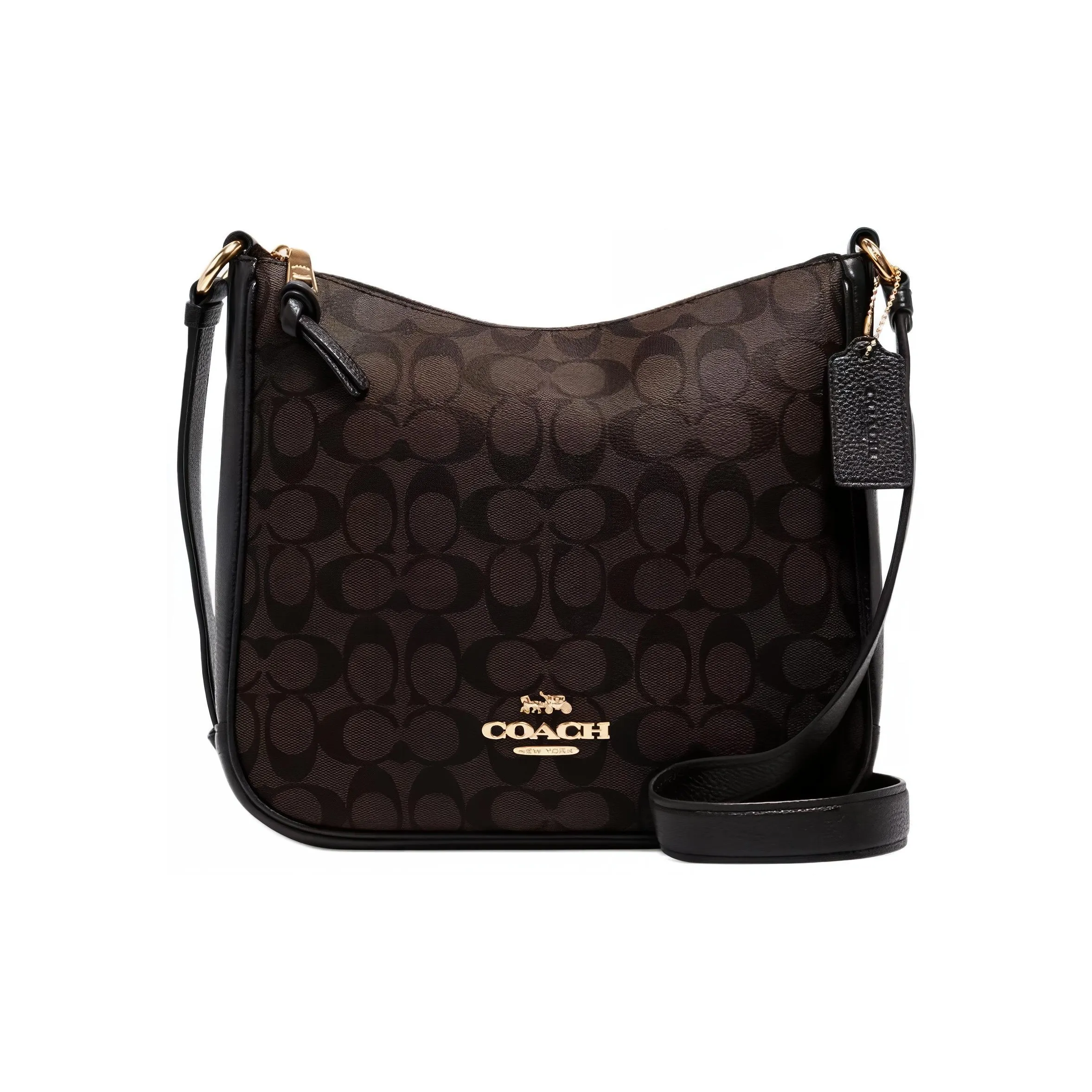 COACH Ellie Canvas With Smooth Leather Shoulder Bag, Crossbody Bag Medium Size Women's Gold & Brown & Black