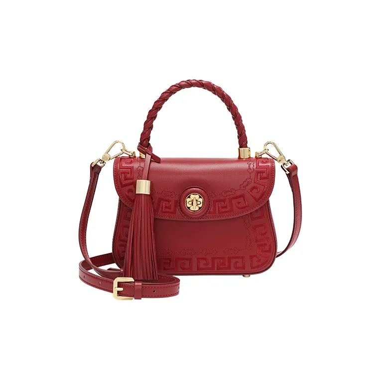 Ancient Yi Xi Cow Leather Handbag, Shoulder Bag, Crossbody Bag Medium Size Women's Vintage Red