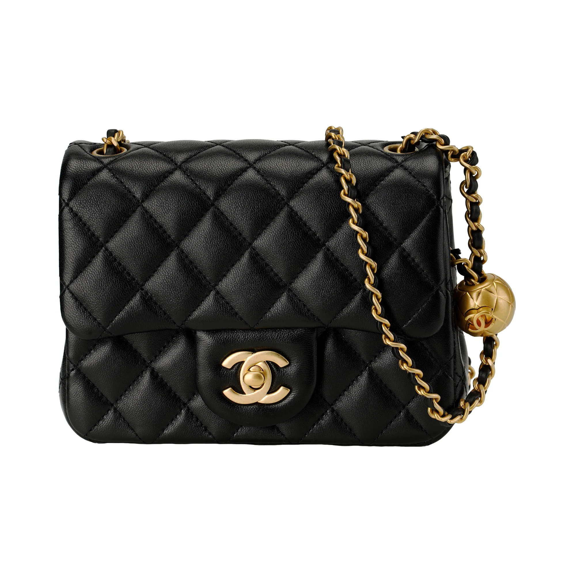 chanel knightley 24K Shiny Lambskin Gold Ball Mini Flag Bag Women's Black
