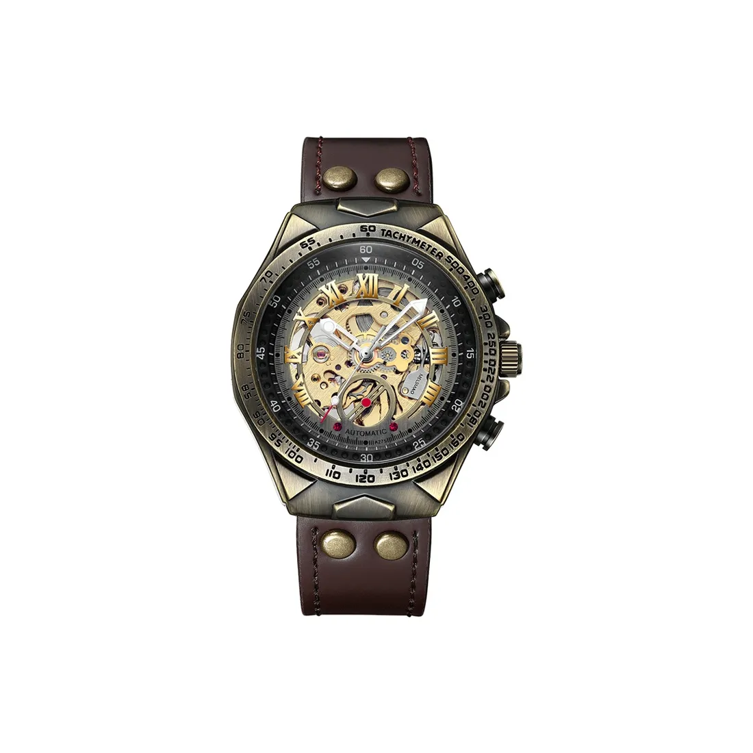 MELSMAO Casual Threadbare Watch Mechanical Movement Leather Watch Bands Watch Men's Watches Gold Dial