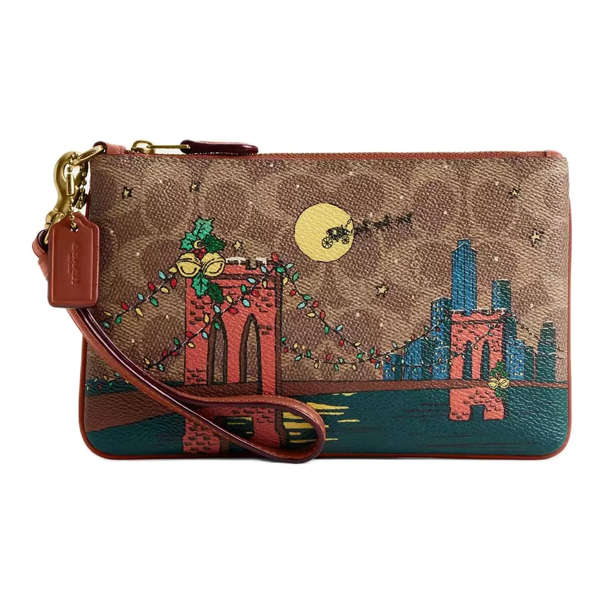 COACH Покрытый холст Клатч Маленький Женский Коричневый с Карамелью