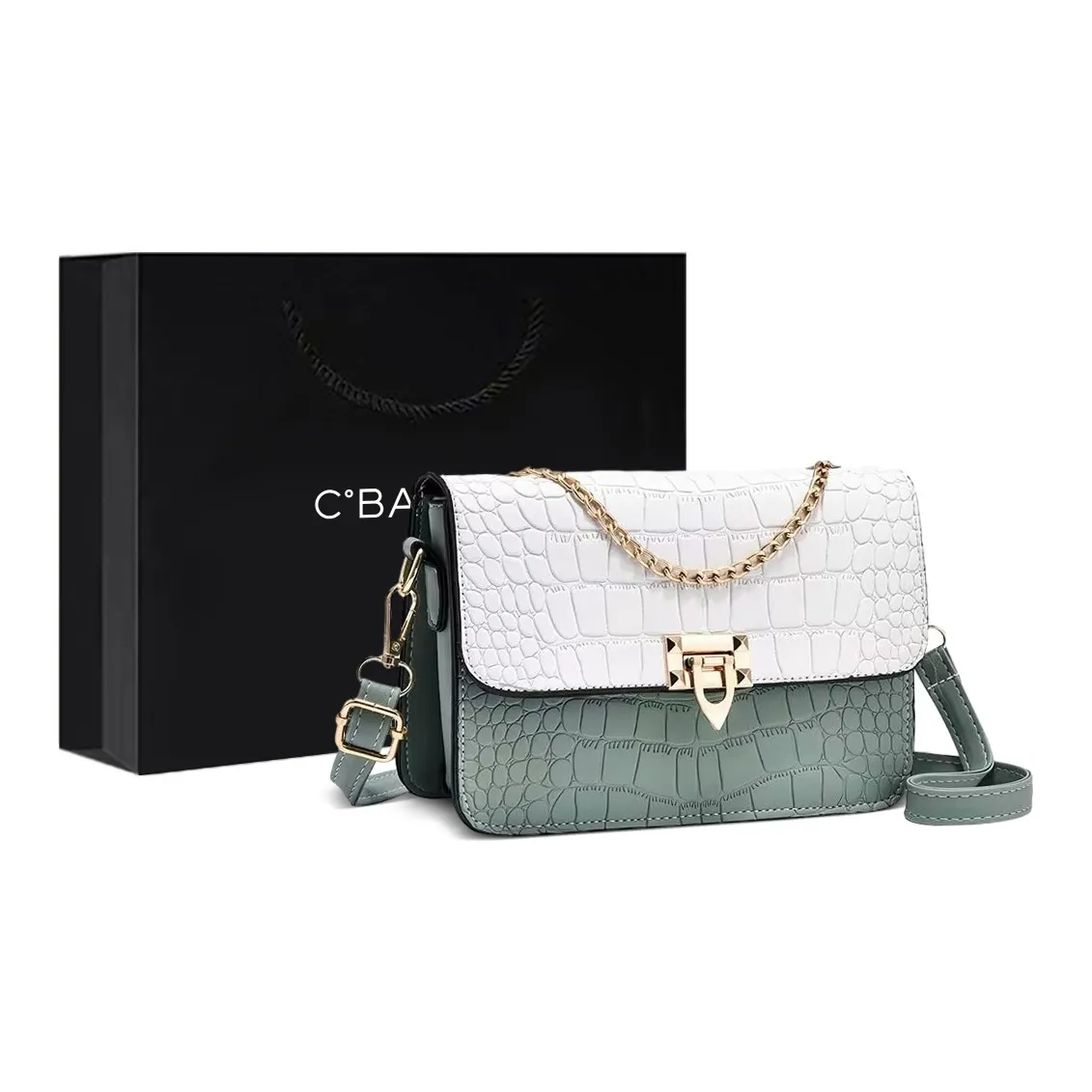 C°BANNER Split Cow Leather With Synthetic Leather Crossbody One Shoulder Small Square Bag Women's White & Green