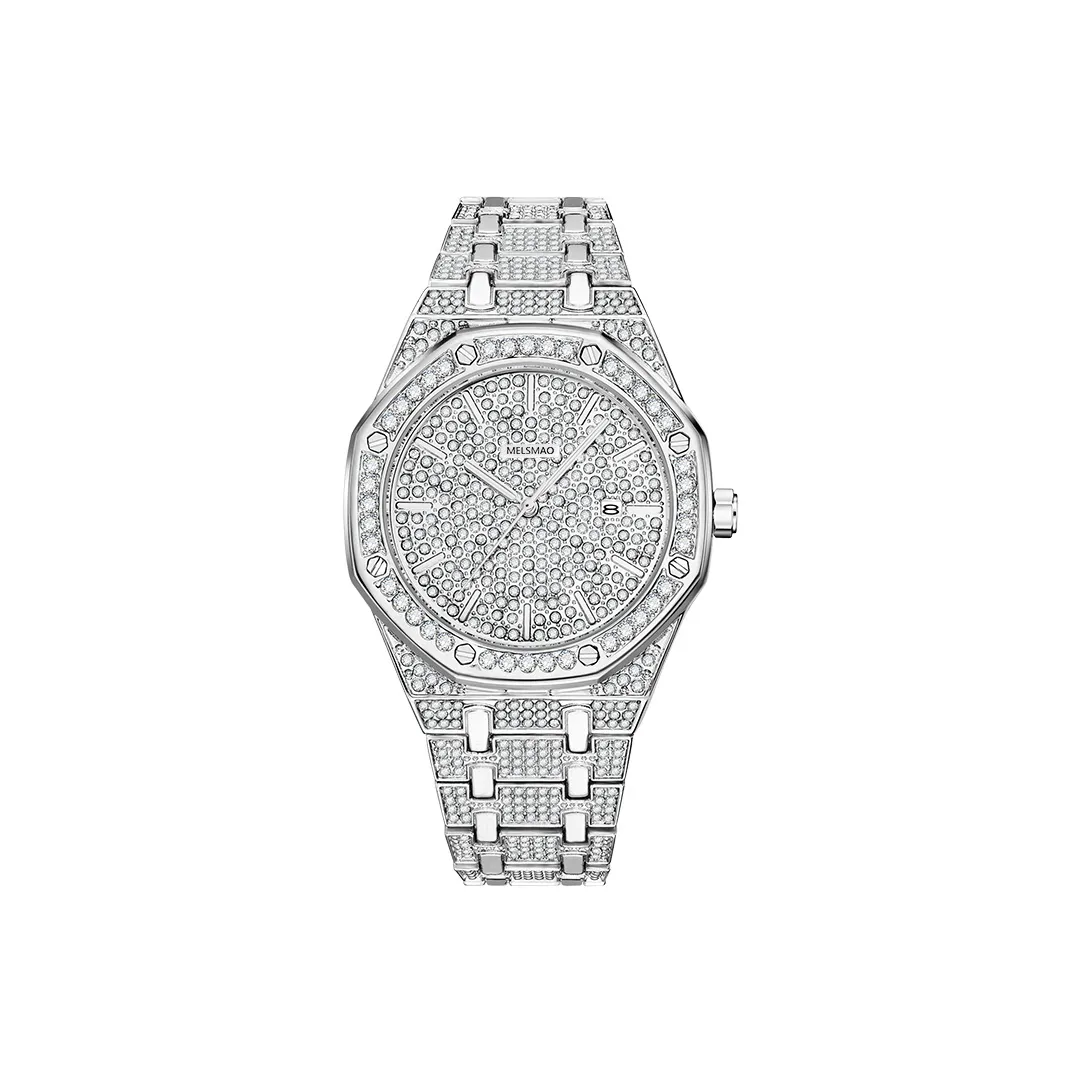 MELSMAO Роскошь Полностью Посыпанный Бриллиантами Гипсофила Мужские Часы Кварцевый Механизм Часы с Ремешком из Сплава