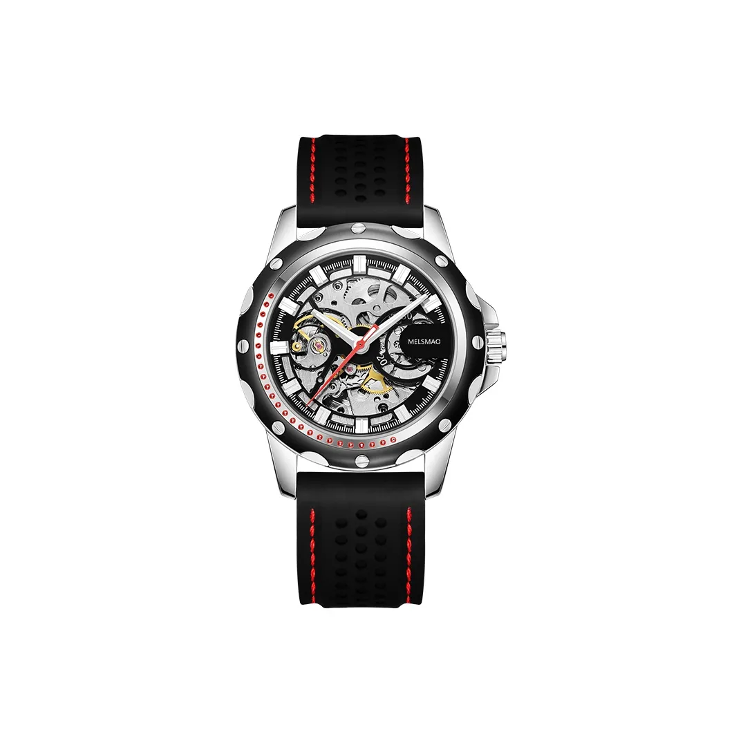 MELSMAO Mechanical Movement Silicone Strap Watch Men's Watches Cut-Out Dial