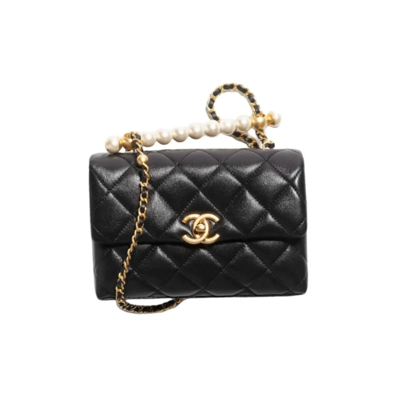 CHANEL Artificial Pearl Shiny Lambskin Flap Bag, Portable Crossbody Bag, Shoulder Bag Mini Women's Black