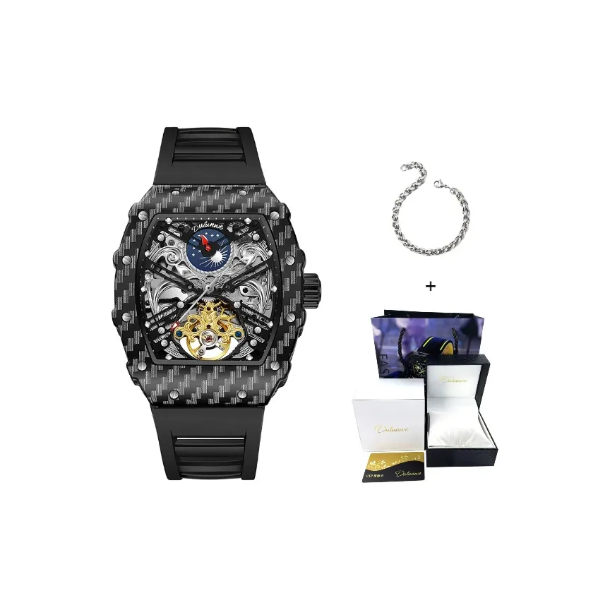 Dulunwe Автоматический Механический Механизм Силиконовый Ремешок Часы Мужские Черный Циферблат