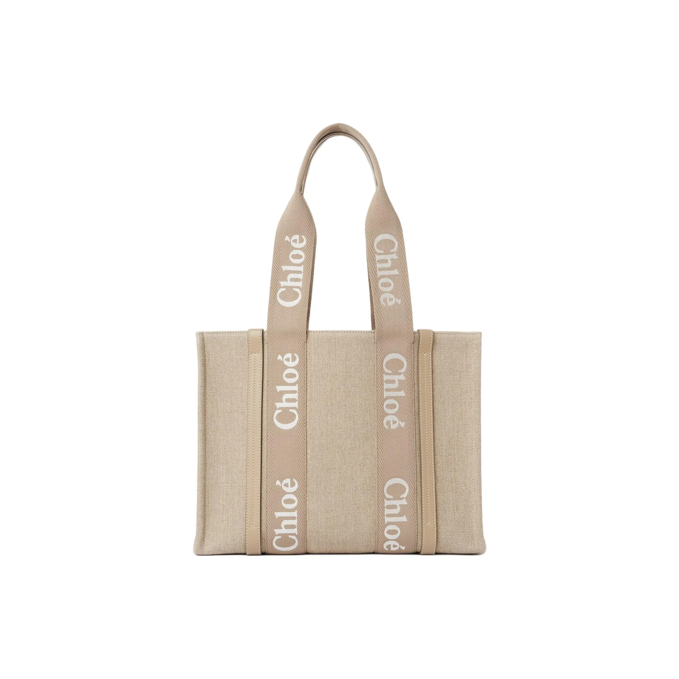 Chloe Woody Linen Canvas With Calfskin Tote Bag Shopping Bag Shoulder Bag Handbag Women's Brown