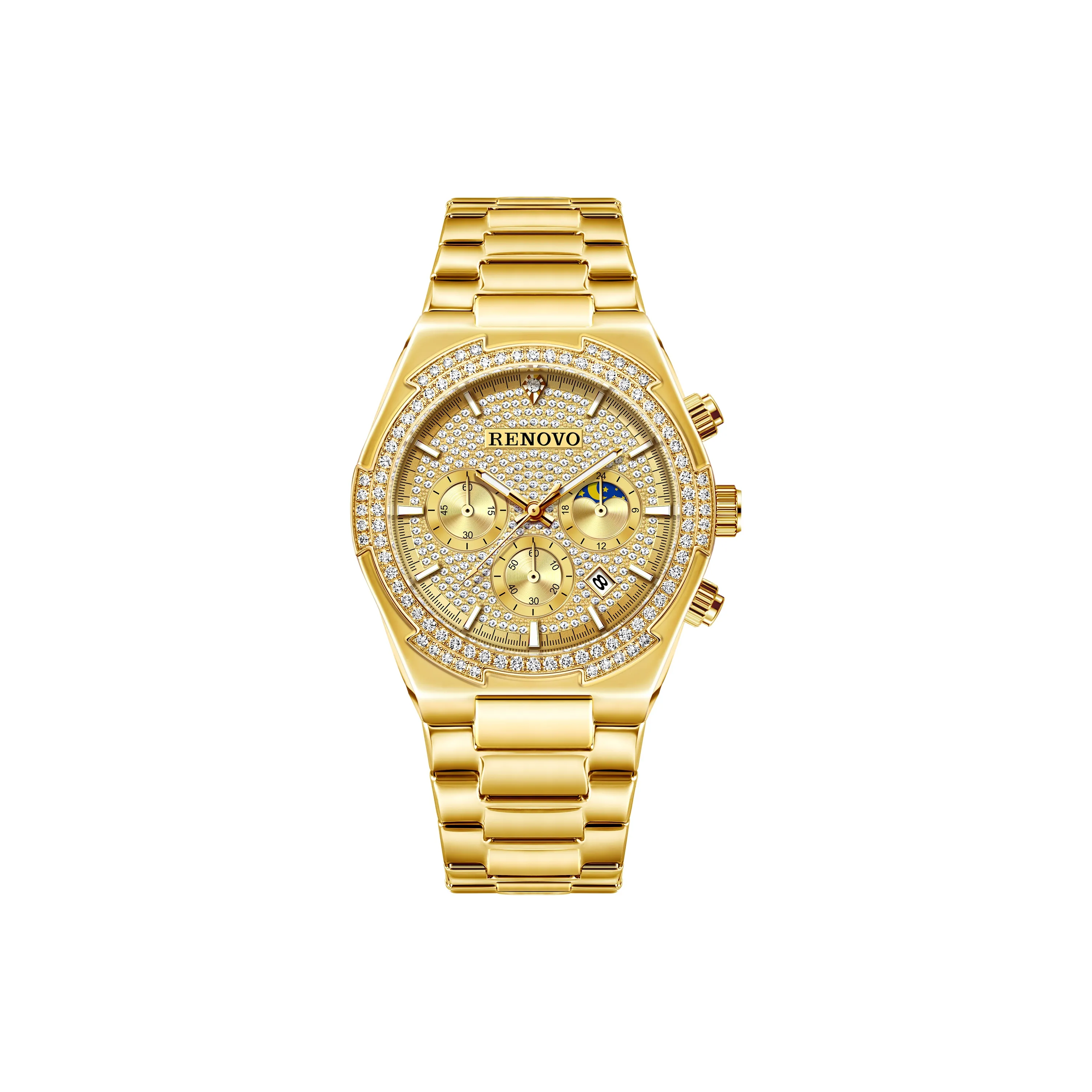 RENOVO Кварцевый механизм ремешок из нержавеющей стали мужские часы золотой циферблат