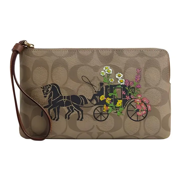 COACH Corner Zip Подпись Покрытый холст с переработанной кожей Браслет Сумка Маленькая Женская Золото и Хаки и Многоцветный