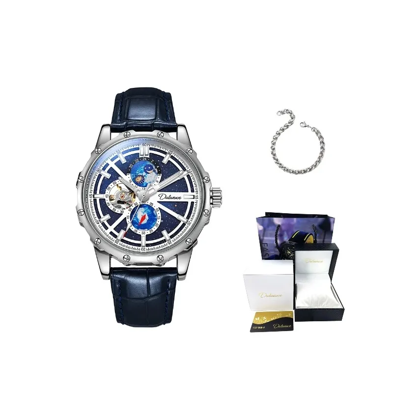 Dulunwe Star Moon Series Automatic Mechanical Movement Cowhide Strap Watch Men's Watches Blue Dial