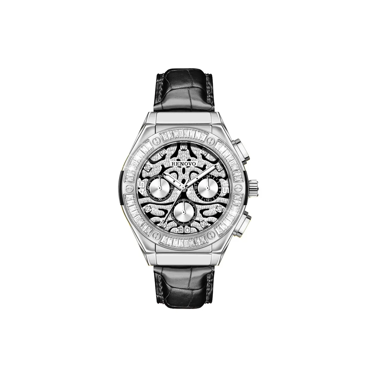 RENOVO Golden Collection Кварцевый механизм Естественная кожа Ремешок Часы Мужские Белый циферблат