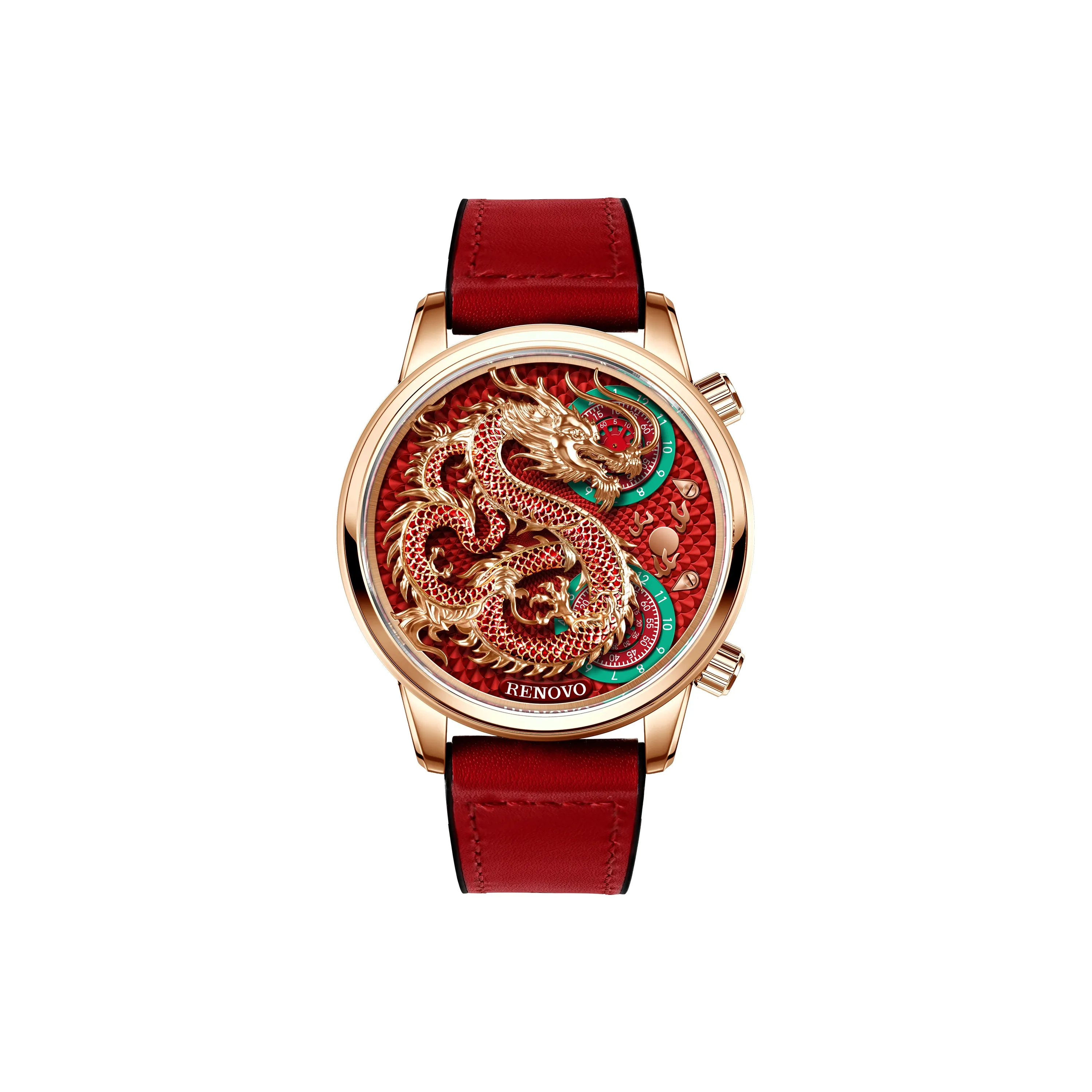 RENOVO Dragon Scales Series Кварцевый механизм Часы Мужские Красный Циферблат