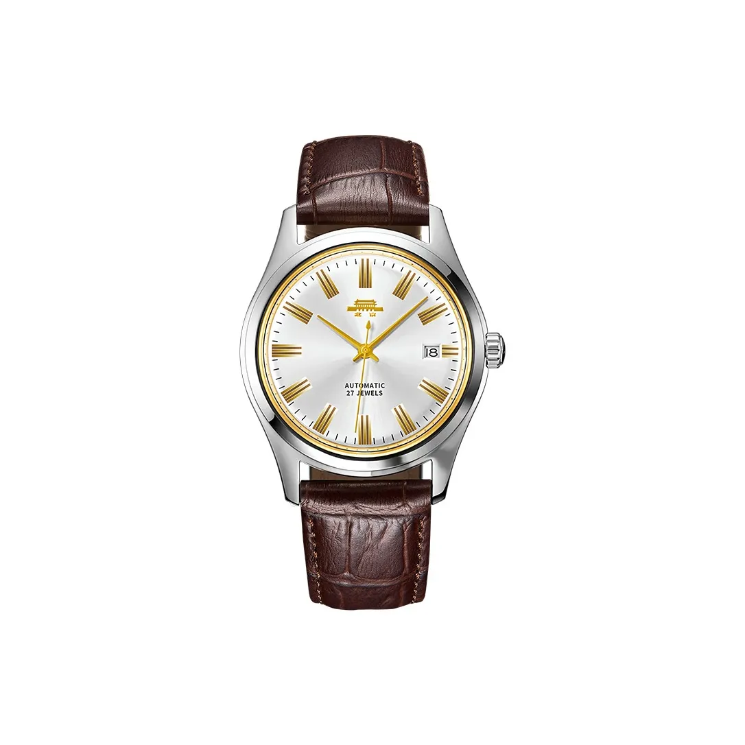 Beijing Style Watch Automatic Mechanical Movement Genuine Leather Strap Watch Men's Watches White Dial