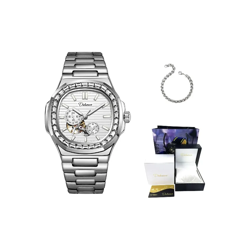 Dulunwe Автоматический Механический Механизм Металлический Ремешок Часы Мужские Серебристый Циферблат