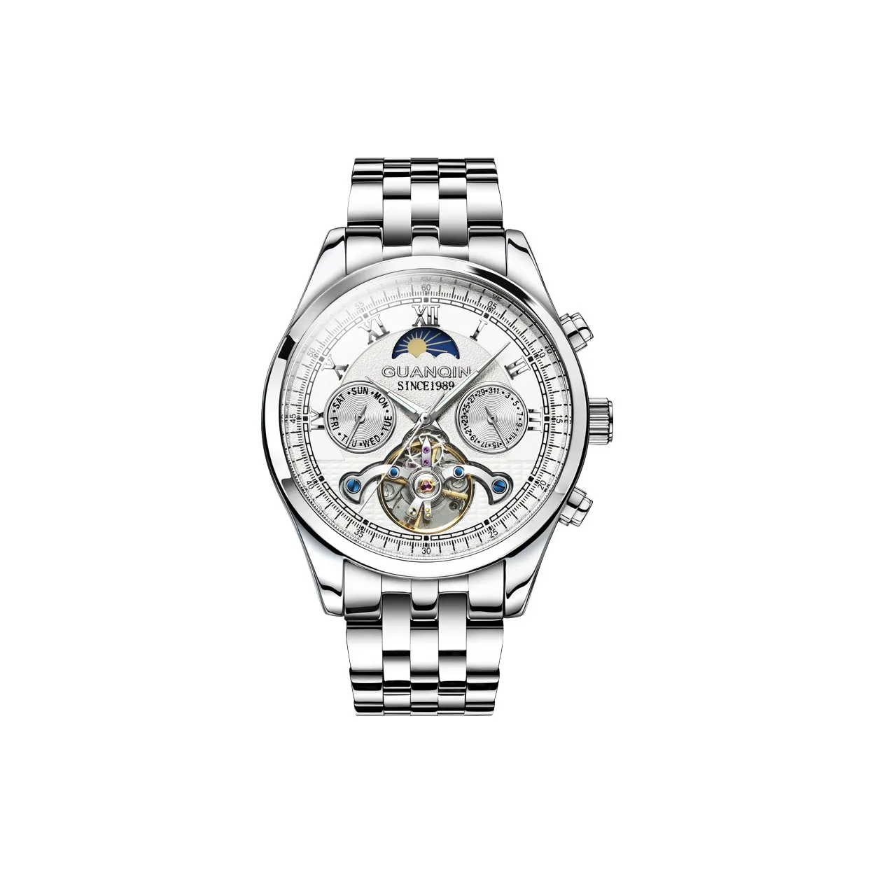 GUANQIN GJ16122 Automatic Mechanical Movement Stainless Steel Watchband Watch Men's Watches White Dial